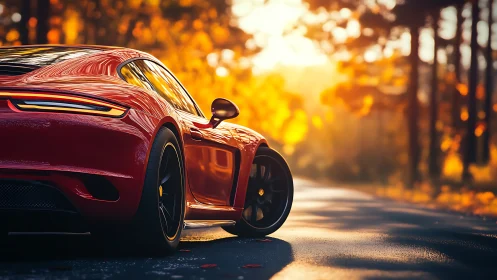 Crimson coupe hums through molten-gold autumn daylight