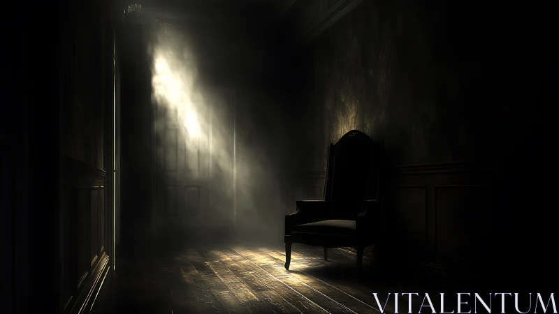Solitary armchair in dust-filled light of a dark hallway.