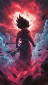 Fiery warrior rises through swirling cosmic storm clouds