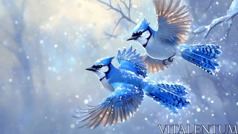 Dual Blue Jay Aerial Composition with Crystalline Feather Diffusion Effects