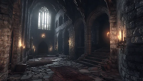 Gothic stone hall with arched windows and candlelight.