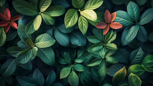 Lush overlapping green leaves with small red accents.