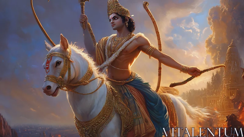 Divine warrior prince on white horse in blazing battlefield.