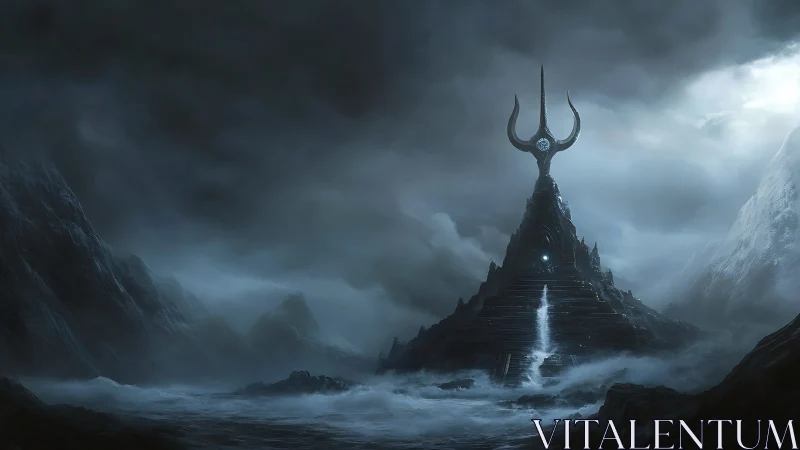 Storm-lashed pyramidal fortress with crescent spire and falls