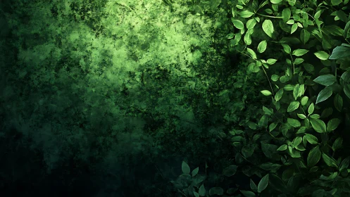 Dense green foliage frames textured mossy wall space