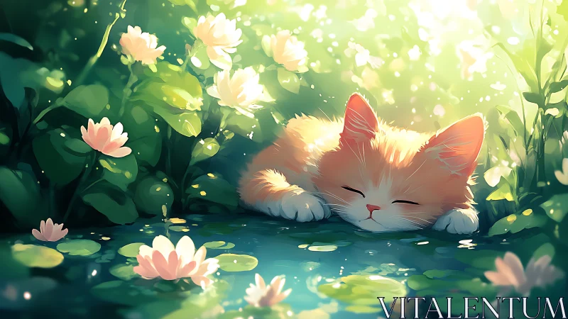 Orange Feline Resting Among Lotus Flowers With Volumetric Light