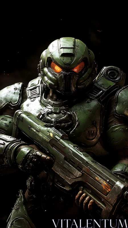 Armored sci fi soldier in green power suit holding rifle.