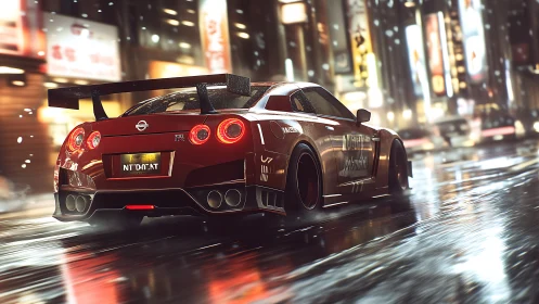 Neon rain sprint with a crimson street-legend GT racer.