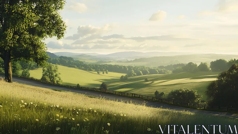 Digital rendering depicts rural hills, fields, road and trees