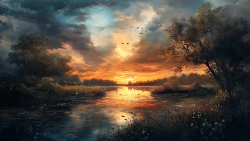 Sunset over reflective river with dense tree silhouettes.