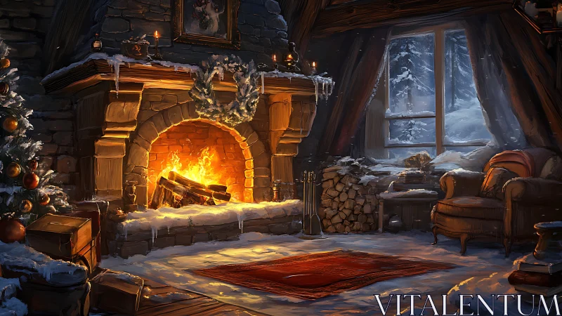 Snow covered cabin interior shows lit stone fireplace and window