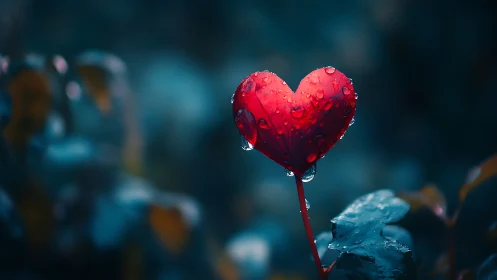 Red heart-shaped flower bud with water droplets on dark blue background.