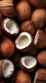 Macro cluster of halved coconuts with fibrous brown husks