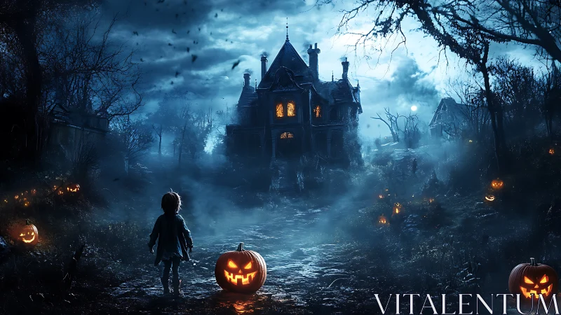 Child approaches haunted mansion under eerie blue moonlight.