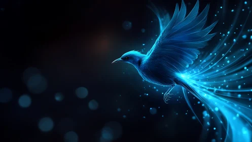 Luminous blue bird glides through dark void trailing light