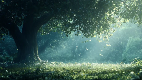 Luminous Forest Sanctuary with Ancient Oak and Ethereal Atmosphere.