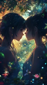 Backlit anime couple in intimate forest bokeh composition
