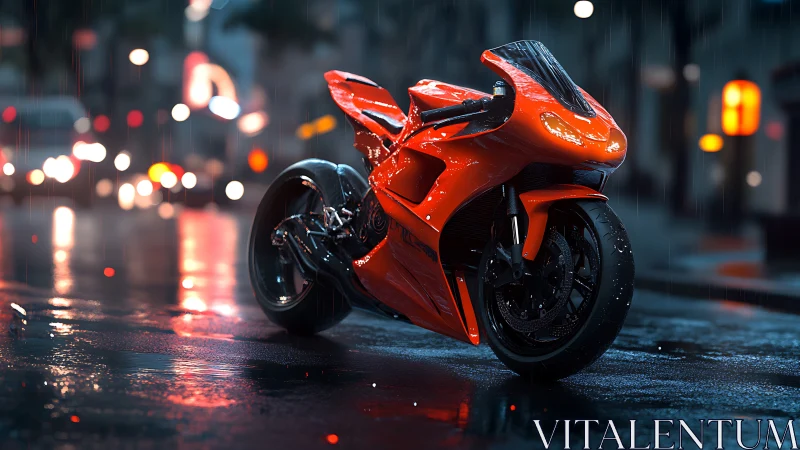 Neon-lit sport motorcycle poised on rain-slicked city street.