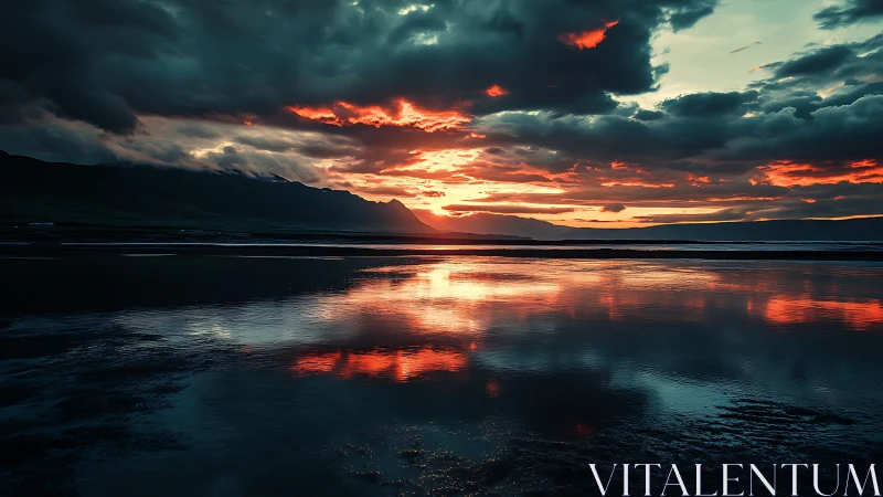 Spectral coastal sunset with high-contrast cloud reflections.