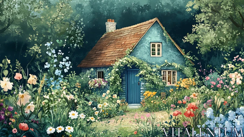 Wildflowers whisper around a storybook cottage of soft blues