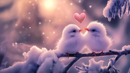 Two Fluffy Birds Share Love in Snowy Winter Wonderland