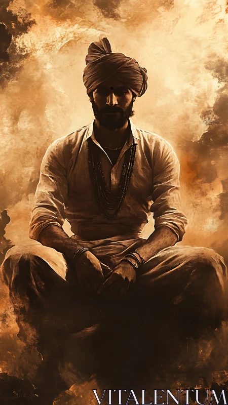 Turbaned mystic sits in golden chiaroscuro haze.