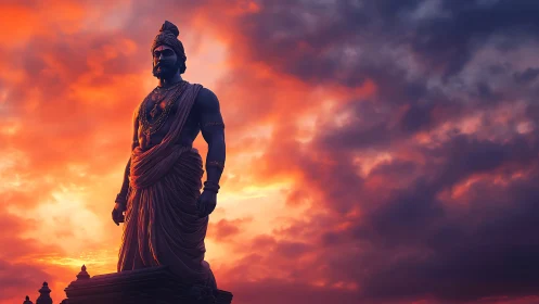 Colossal warrior statue silhouette under vivid storm sunset
