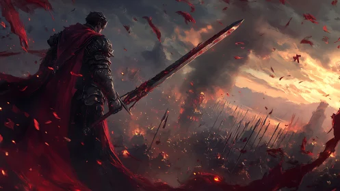 Lone armored warrior gazes over a burning battlefield at dusk.