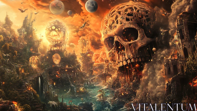 Skull-shaped ruins dominating fiery posthuman river city.