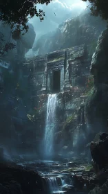 Hidden jungle temple doorway welcomes a misty waterfall dream