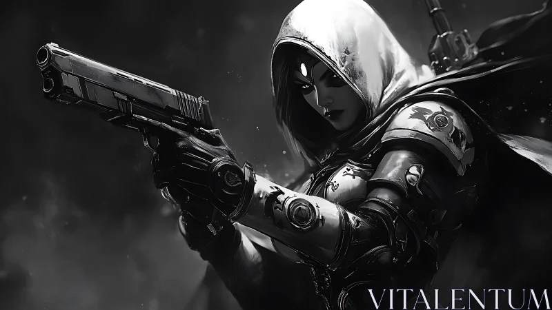 Hooded cyber huntress aiming pistol in monochrome void.