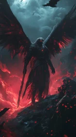 Winged infernal warrior stands amid volcanic fire and storm clouds