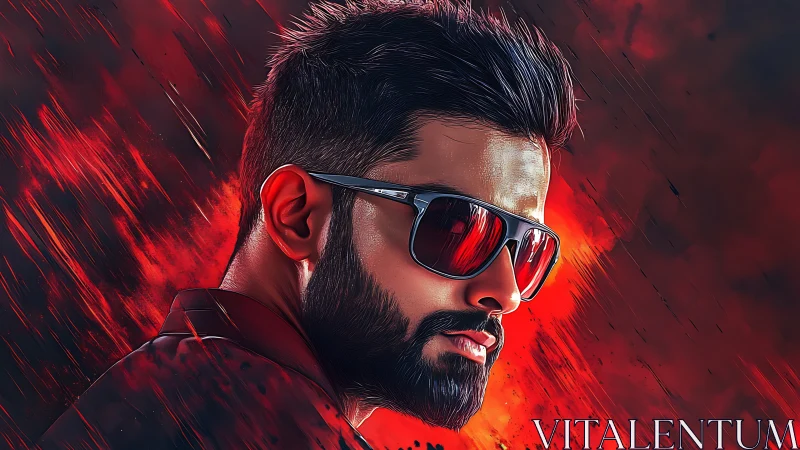 Intense bearded portrait in blazing red digital stylization.