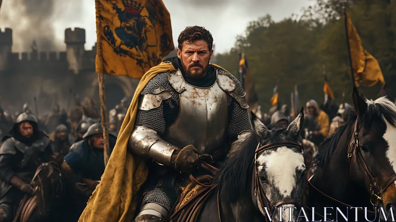 Stoic knight leading a storm of banners into battle.