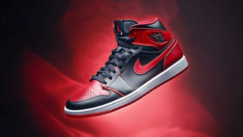 Photorealistic floating sneaker in dramatic red vapor field.