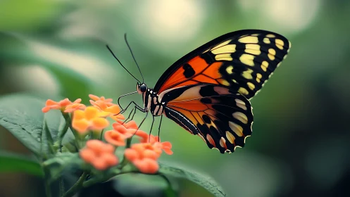Macro telephoto capture of orange-black butterfly on flowers