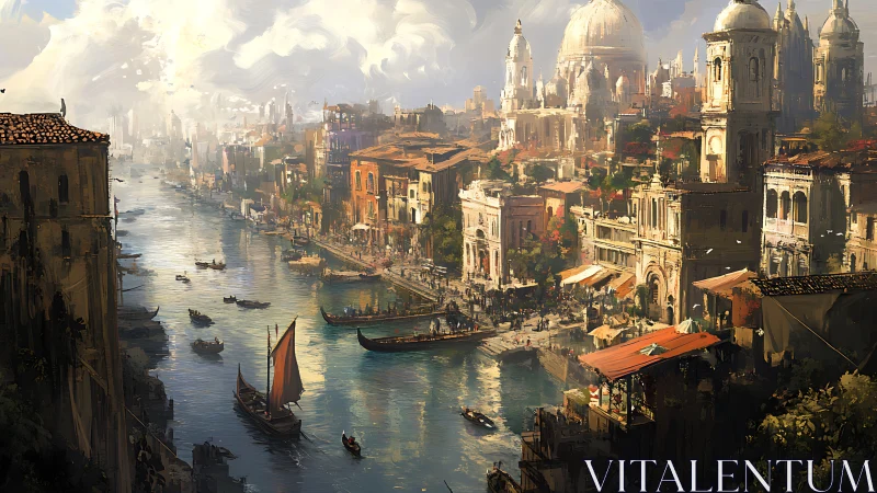 Digital painting of sunlit Venetian canal city panorama.