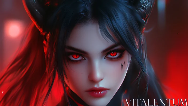 Digital portrait of horned female figure with red eyes.