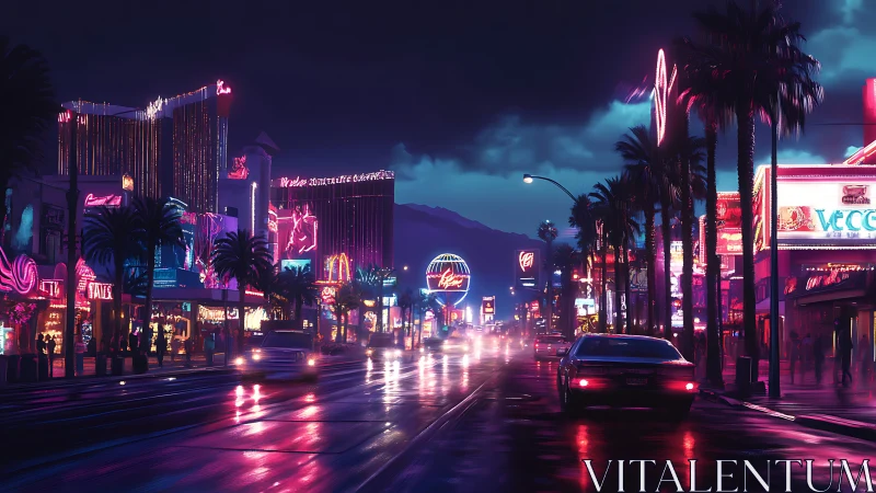 Neon soaked city boulevard glows under stormy night sky