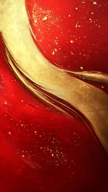 Red and gold abstract flow with curved metallic band.