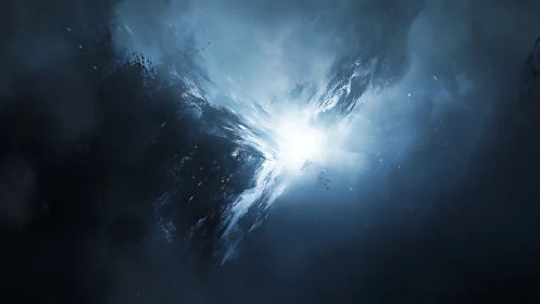 Cold luminous burst inside dark abstract space field.
