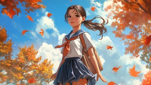 Schoolgirl walks under bright autumn sky with falling leaves.