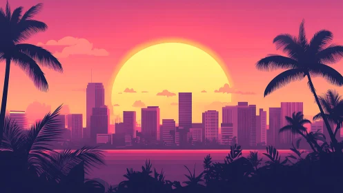 Neon tropic skyline against radiant sunset sphere glow.