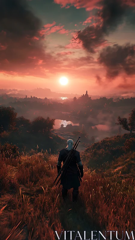 Sunset wanderer gazes toward a misty glowing valley.