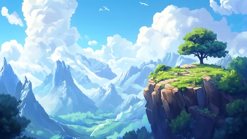 Lone tree crowns sunlit cliff above vast blue mountains