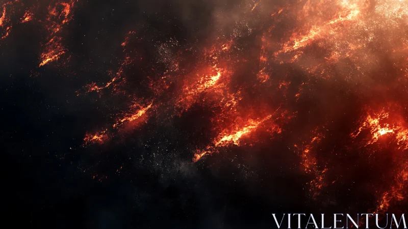 Lava flows and volcanic fire streams across dark landscape