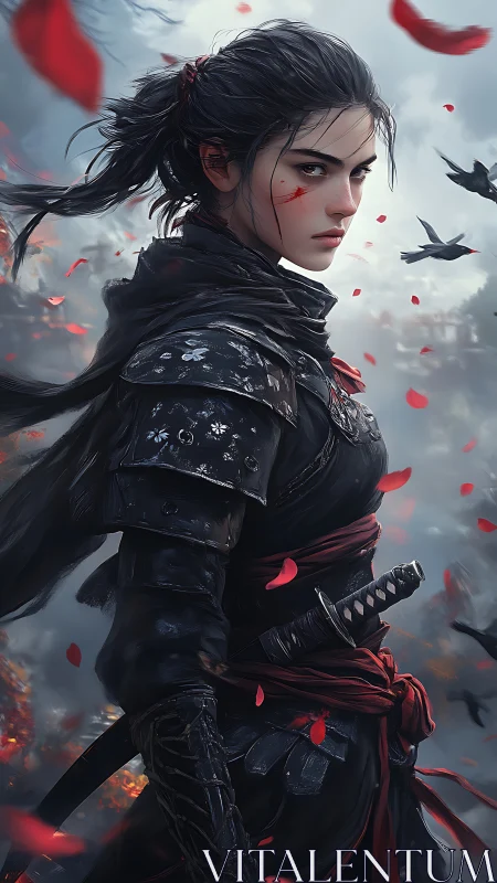Armored warrior stands amid falling petals and ash