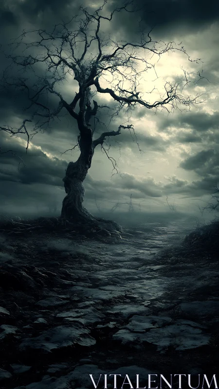 Solitary dead tree against storm-lit sky in dark landscape