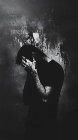 Silhouetted man in despair against textured abstract wall.