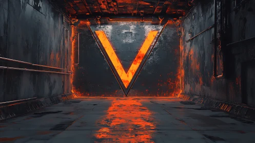 Industrial corridor with illuminated V-shaped wall symbol.